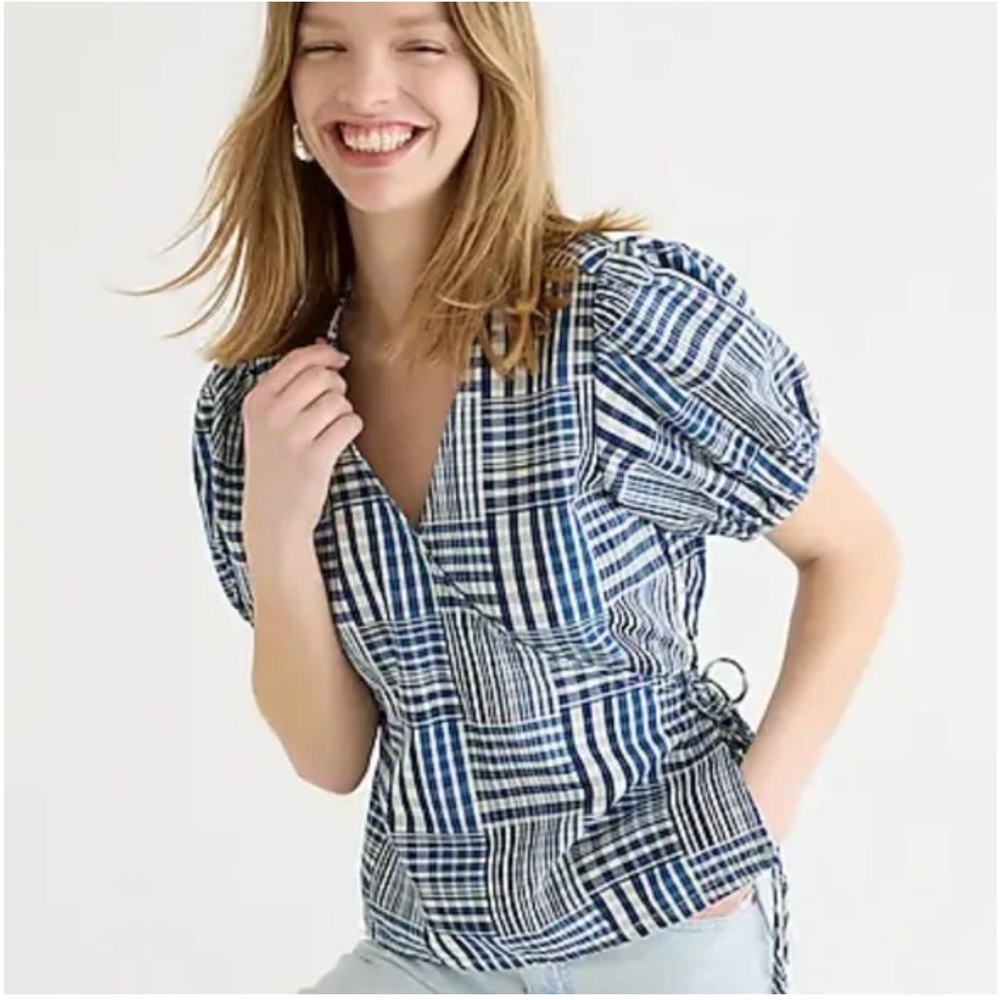 J. Crew puff-sleeve wrap top in indigo patchwork